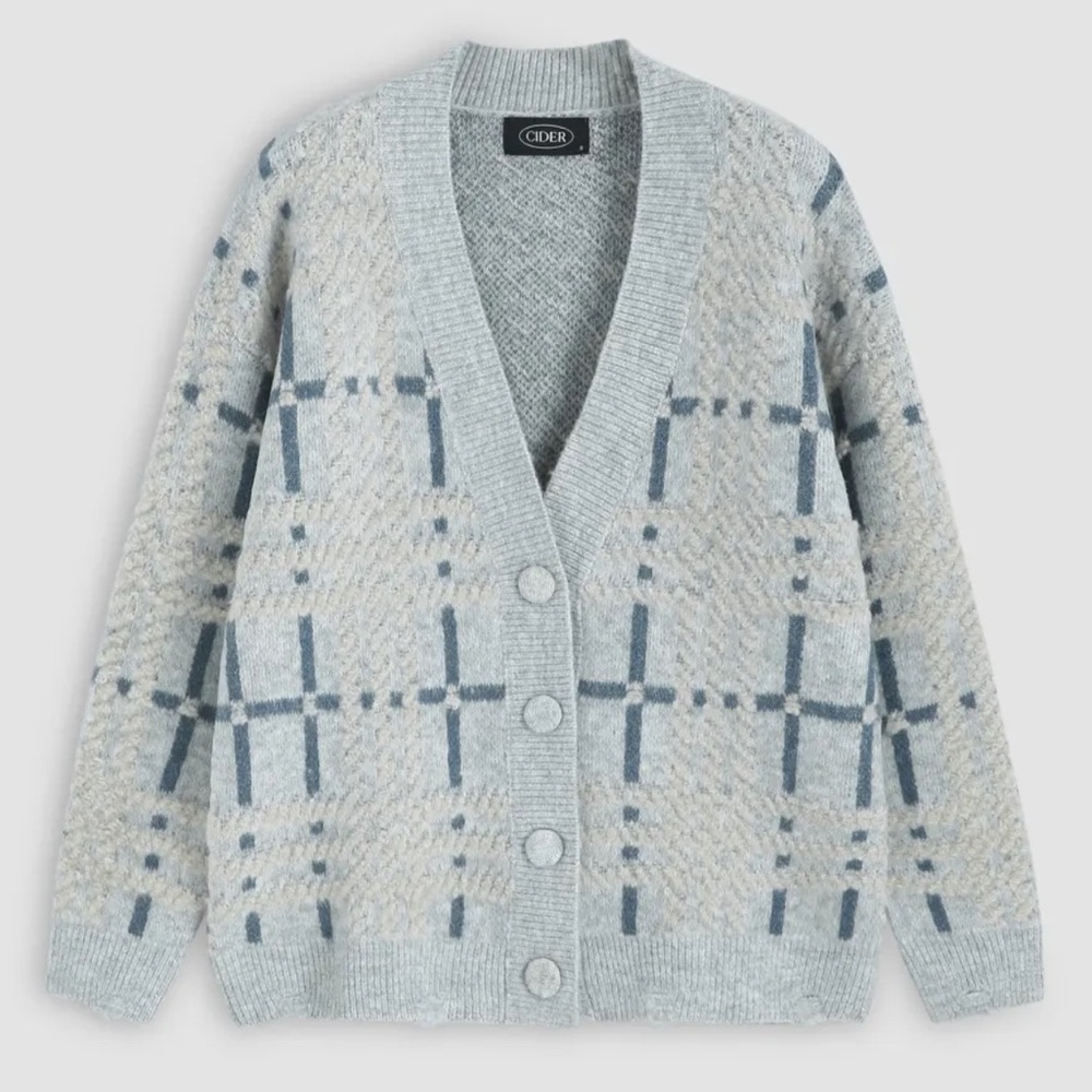 PLAID PATTERN V NECK CARDIGAN